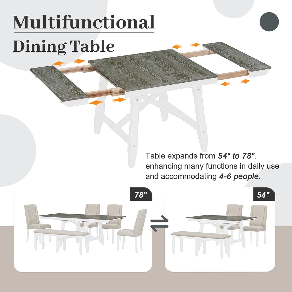 6 Piece Set  Extendable Dining Table with 4 Upholstered Chairs and 1 Bench