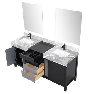 Lexora Zilara 72 in W x 22 in D Black and Grey Double Bath Vanity Castle Grey Marble Top Matte Black Faucet and 28 in Mirrors LZ342272DLISM28FCM