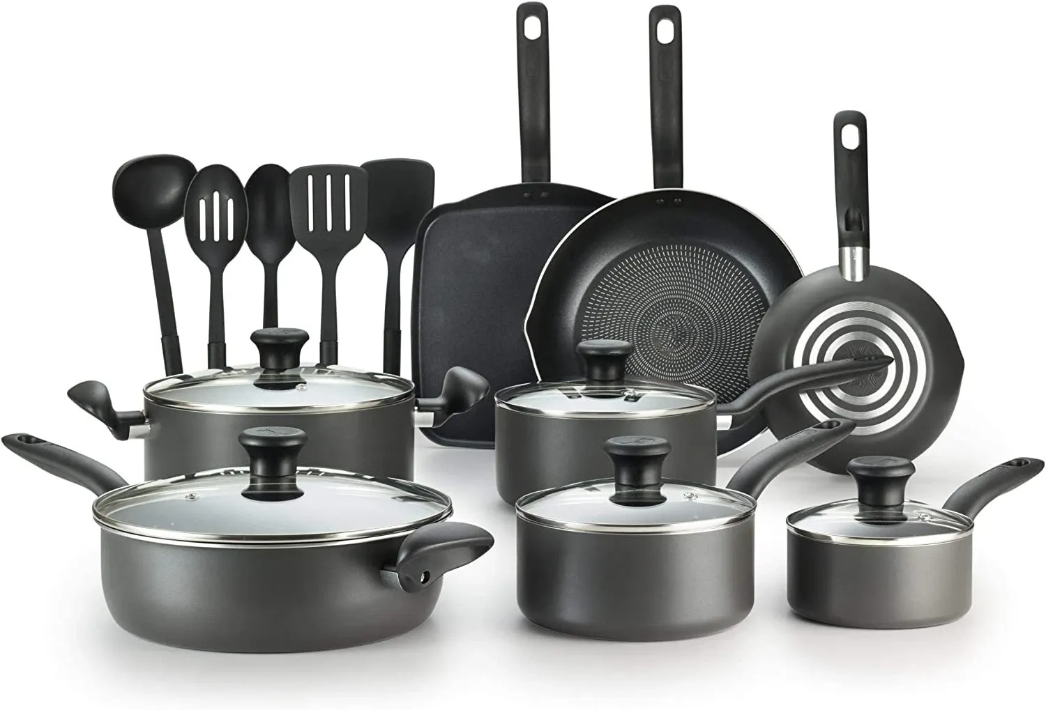 Initiatives Nonstick Cookware Set 18 Piece Pots and Pans, Dishwasher Safe Black