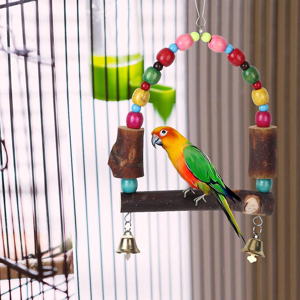 Wooden Bird Cage Stand Parrot Hanging Swing With Colorful Beads Bell Resting Rack Toy