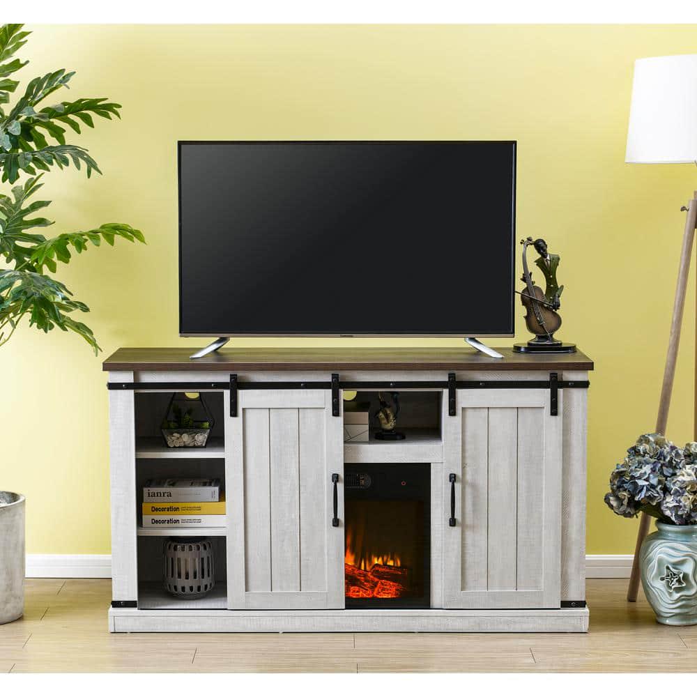 FESTIVO 54 in Saw CutOff White TV Stand for TVs up to 60 in with Electric Fireplace