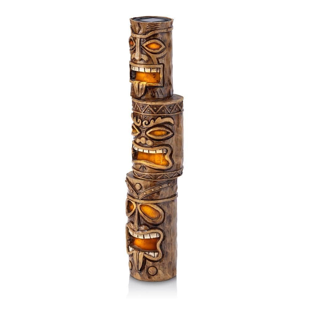 Alpine Corporation 19 in. Tall Outdoor 3-Tier Tiki Totem Statue with Solar LED Lights Yard Decoration WQA826SLR-DBR