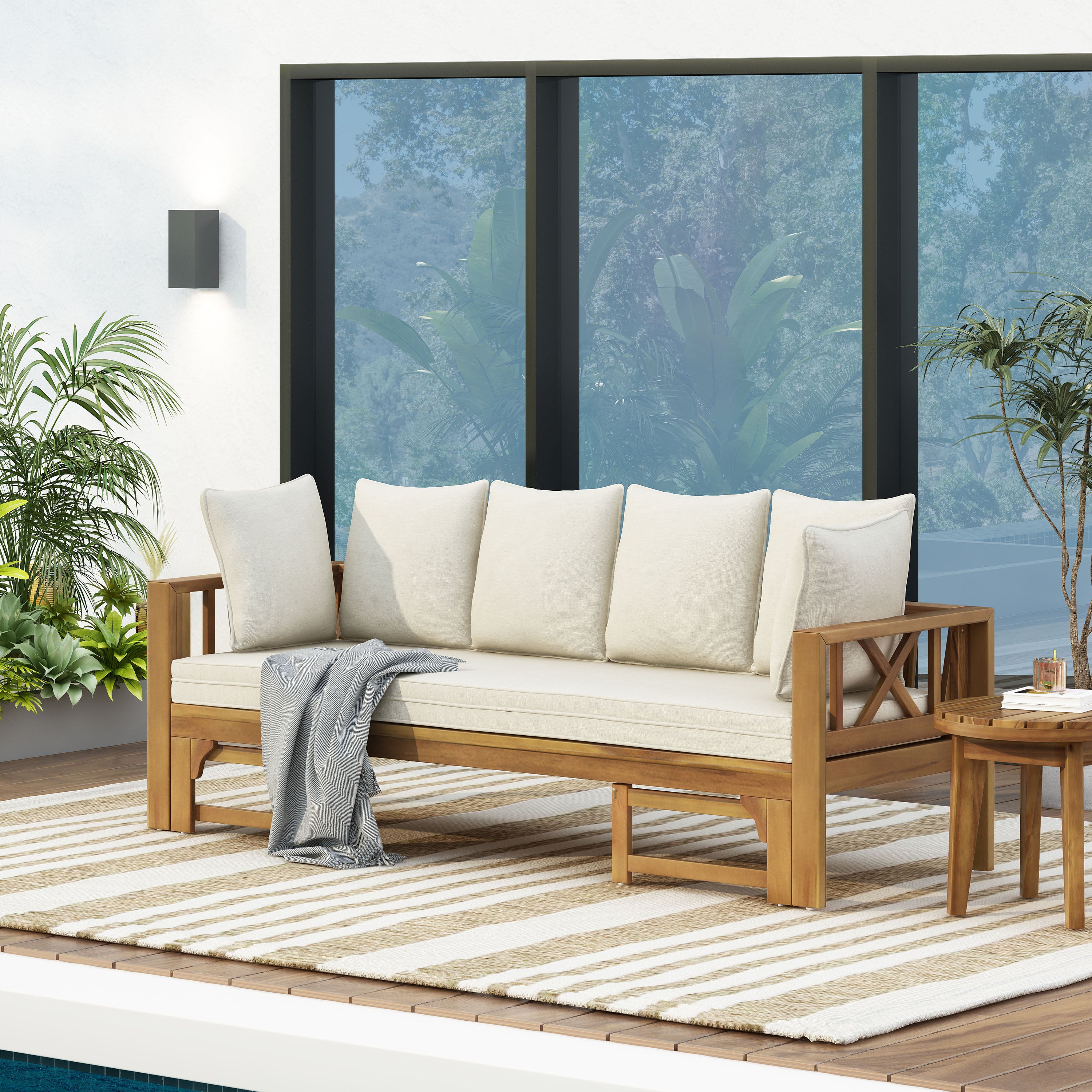 Camille Outdoor Extendable Acacia Wood Daybed Sofa