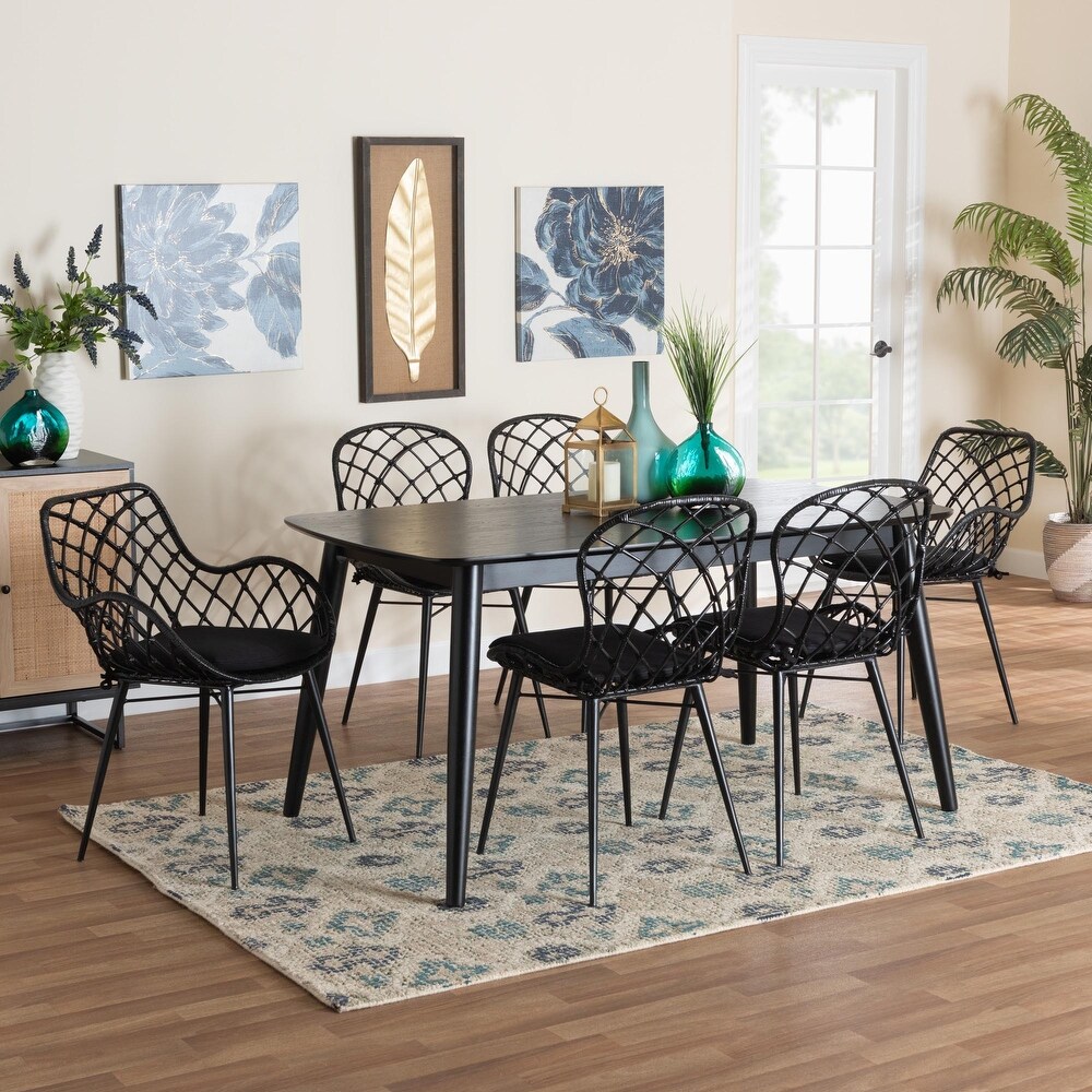 Aniceta Modern Bohemian Black Finished Wood and Rattan 7 Piece Dining Set