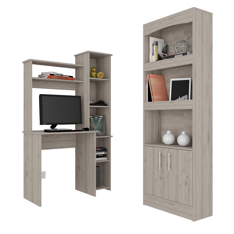 Detroit 2 Piece Office Set， Dozza Bookcase + Aramis Desk， Light Gray