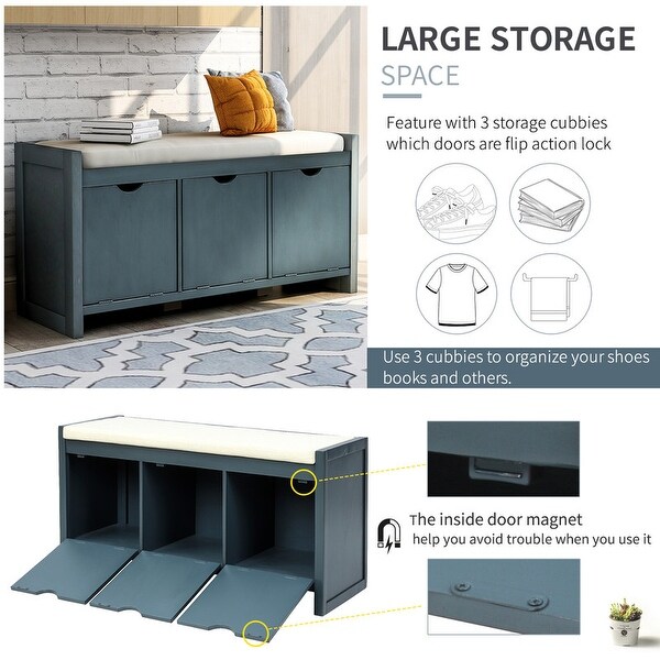 Storage Bench with Removale Cushion and 3 Flip Lock Storage Cubbies