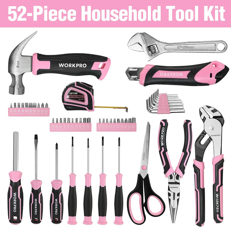 WORKPRO 52-Piece Pink Tools Set， Household Lady Tool Kit with Storage