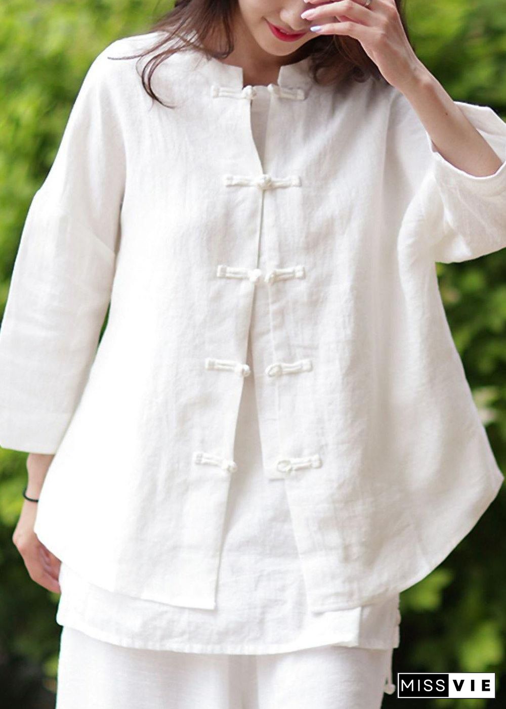 Women stand collar Chinese Button cotton Blouse white silhouette blouse