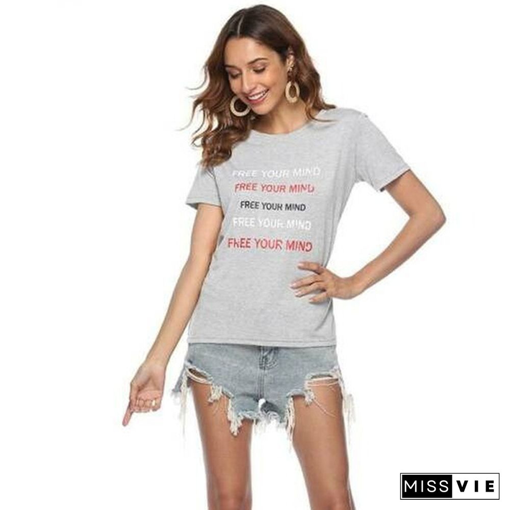 Letters Print T-shirt Women Summer Short Sleeve O-Neck Top Tees Casual T Shirt