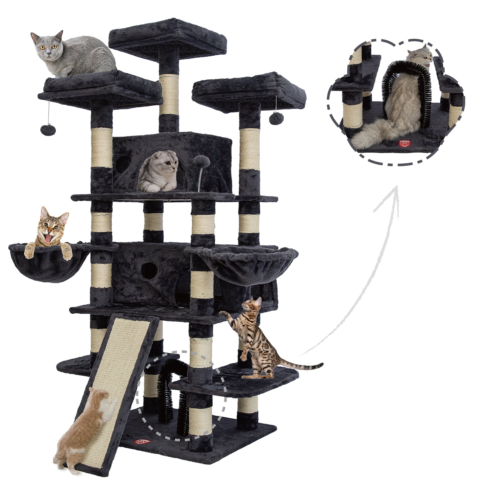 68 Inches Multi-Level Cat Tree Large,Big Cat Tower with Sisal Scratching Posts,Grooming Arch,Cozy Plush Cat Perches and Hammocks,Cat Activity Center Cat Condo Play House