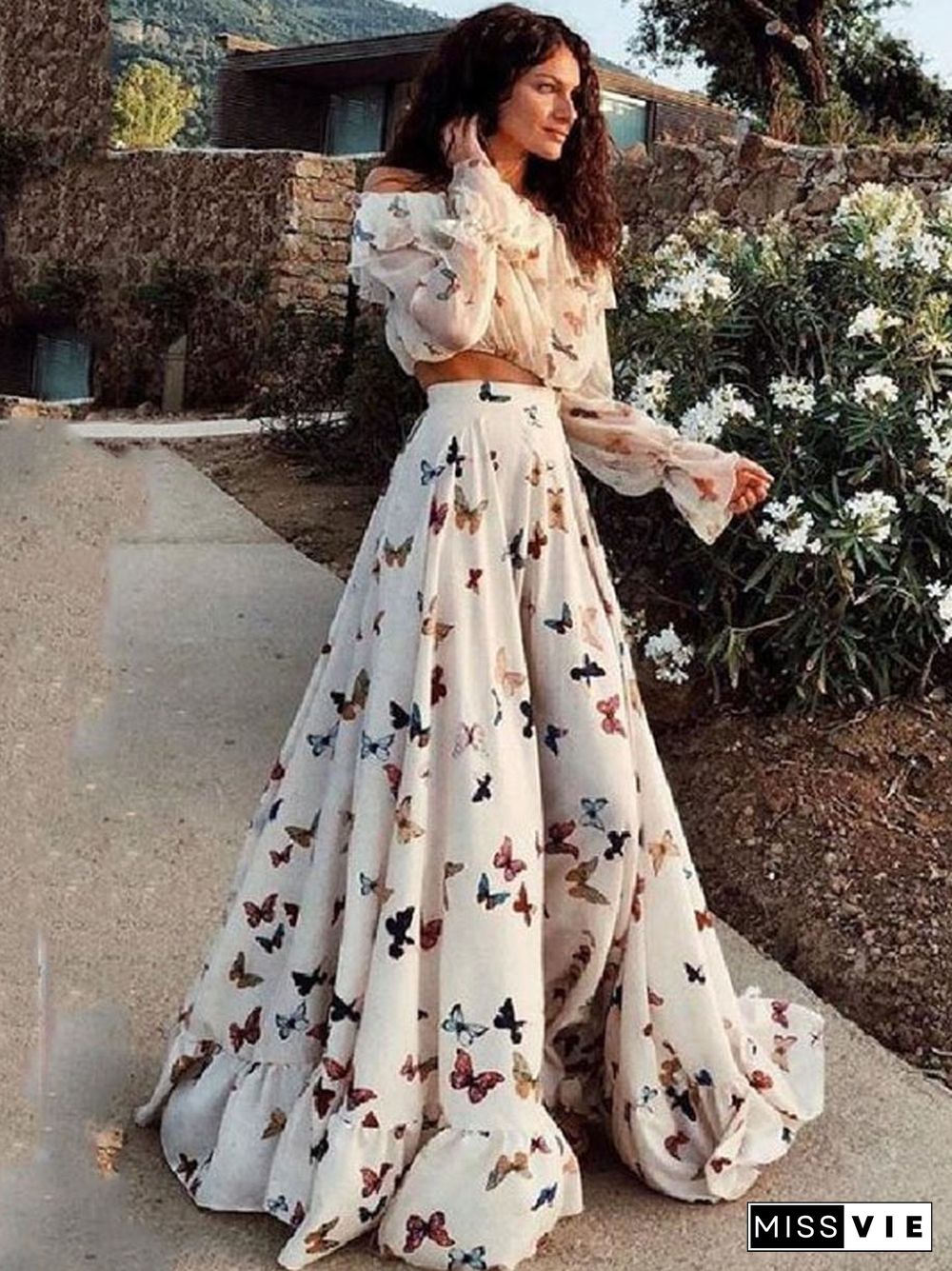 Butterfly Print Two Piece Set Large Skirt Long Skirt Beach Dress White Dresses