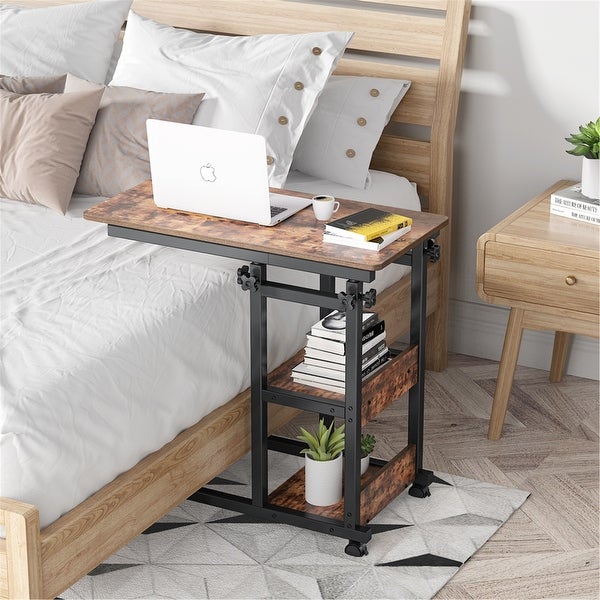 Height Adjustable C Table， Sofa Side Tables， Mobile End Table with Storage Shelves