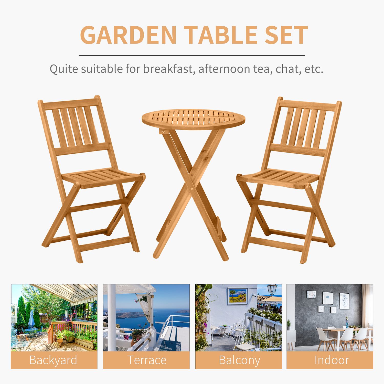 Outsunny 3 Piece Folding Acacia Wood Patio Bistro Table and Chair Outdoor