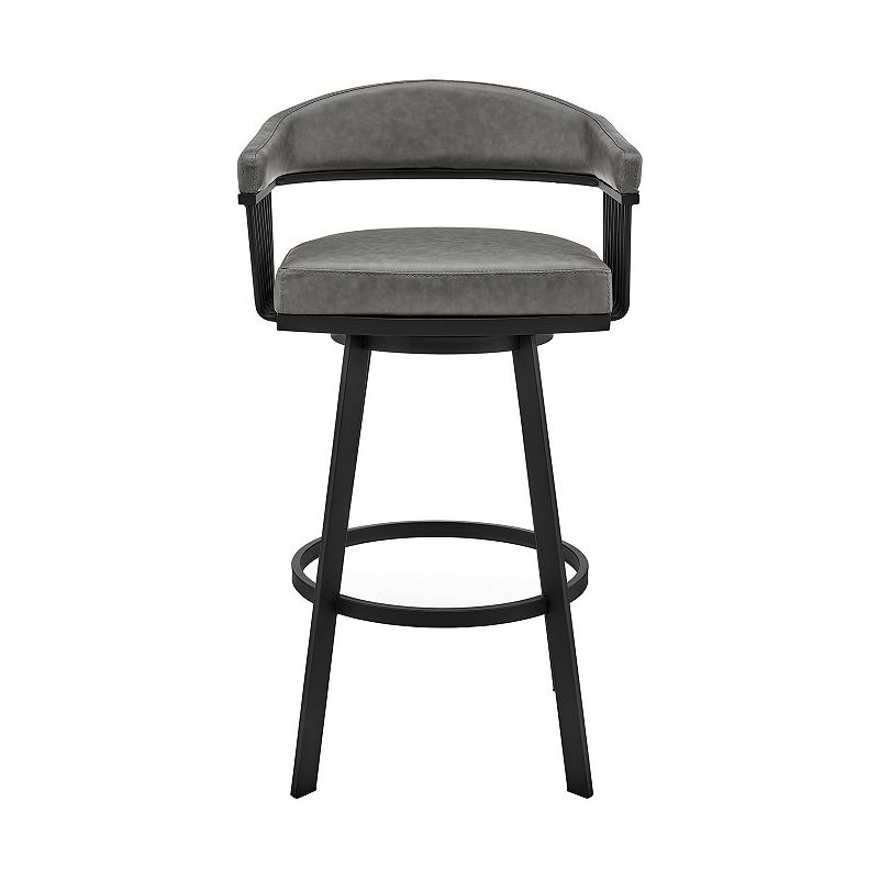 Swivel Barstool with Open Design Metal Frame and Slatted Arms， Gray and Black