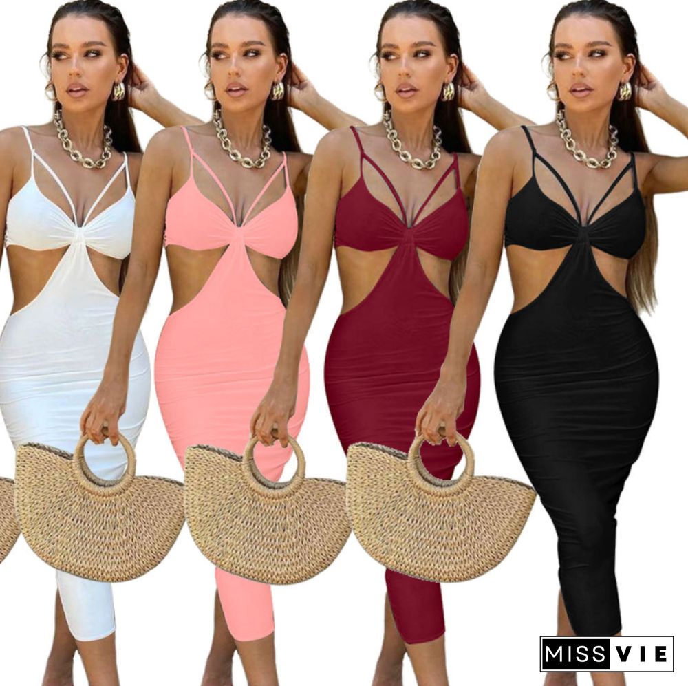 Summer Women Sexy Solid Color Spaghetti Strap V-Neck Hollow Out Backless Skinny Club Party Maxi Dress