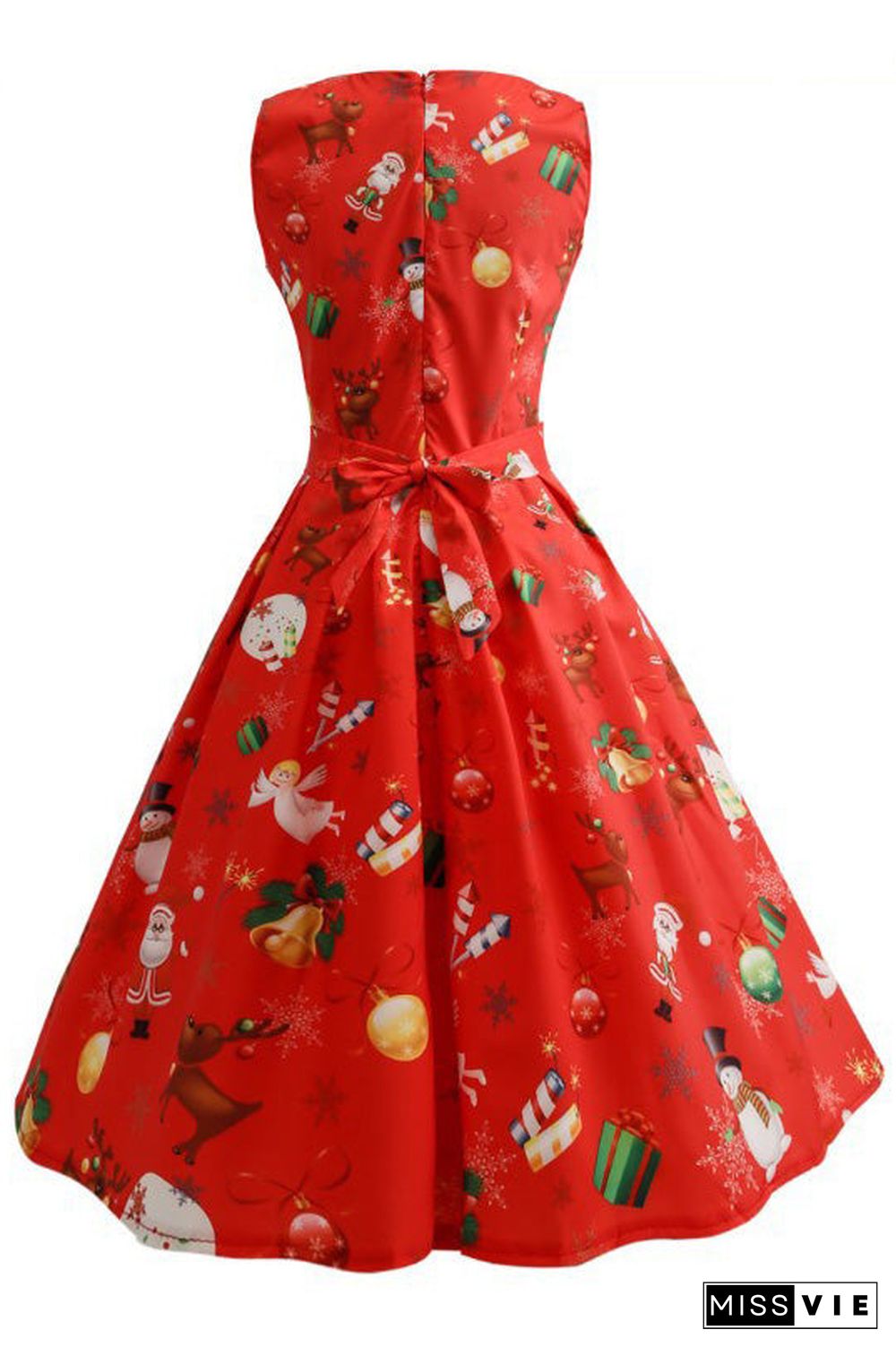 Christmas Print Sleeveless Belted Dress