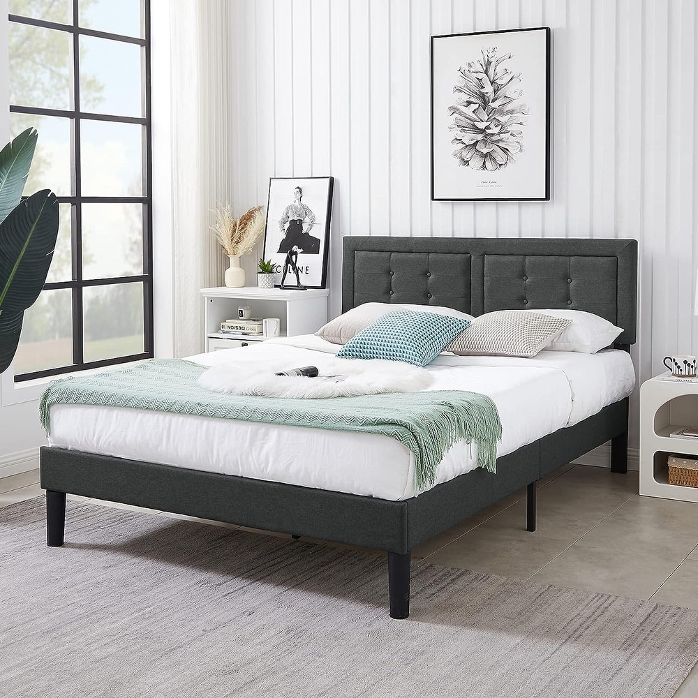 VECELO Tufted Upholstered Platform Bed Frame wth Adjustable Headboard  Dark Grey Beige Blue