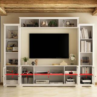 FUFUGAGA White Wooden TV Stand Fits TV's up to 75 in. with Open Shelves and Tempered Glass Door Cabinet LBB-KF020341-01+02