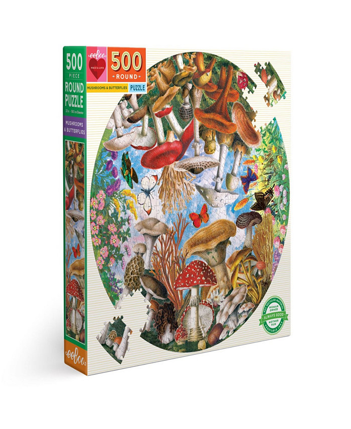 Eeboo Piece and Love Mushrooms and Butterflies Round Circle Jigsaw Puzzle Set  500 Pieces