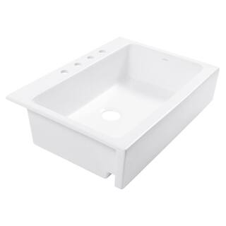 SINKOLOGY Josephine Crisp White Fireclay 34 in. Single Bowl Drop-In Kitchen Sink 4 Holes with Courant Bridge Stainless Faucet Kit SK450-34-4RCOS