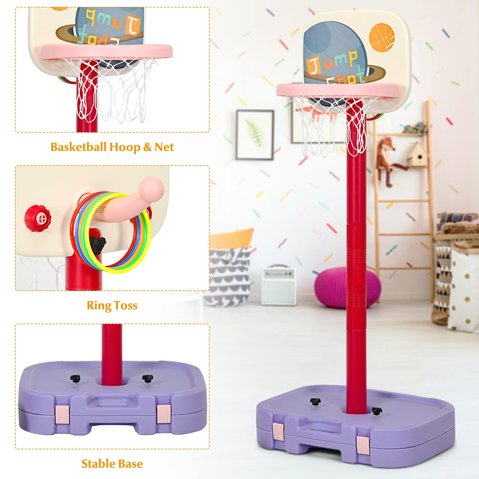 Costzon Kids Basketball Hoop, 2 in 1 Toddler Basketball Hoop Toy Set with Ring Toss & Storage Box for Boys Girls Baby