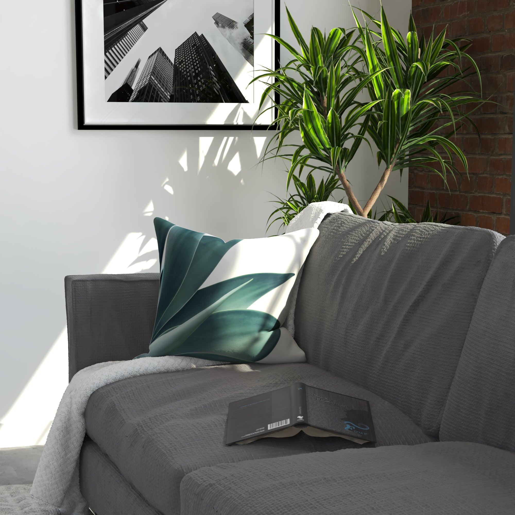 Decorative Throw Pillow Cover, 18” x 18”, Green and White, Photoreal Plant Macro on Soft White Microfiber Creating an Effortlessly Modern Sense of Style for any Living Room, Bed, and Sofa