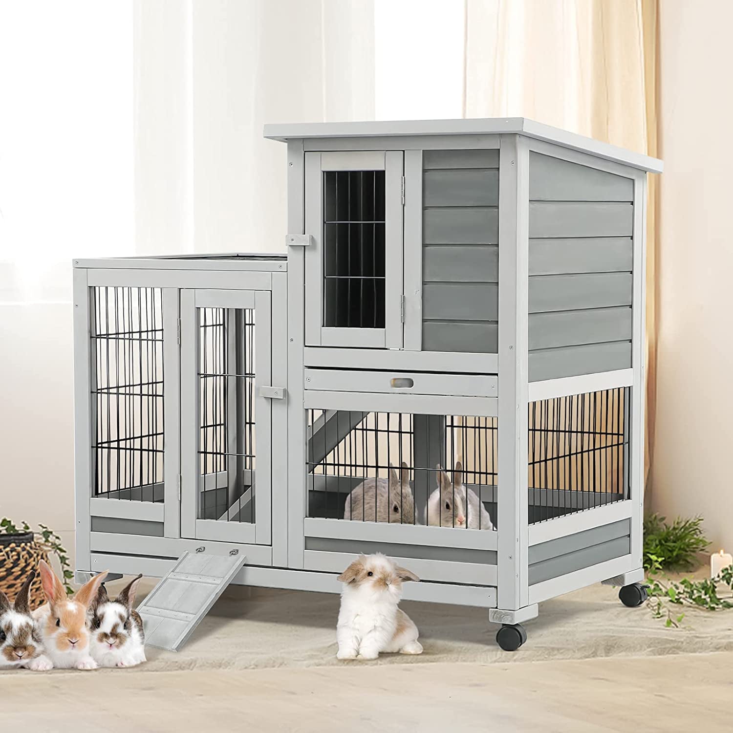 YODOLLA Indoor Rabbit Hutch Bunny Cage Large Pet House for Small Animal with Wheels