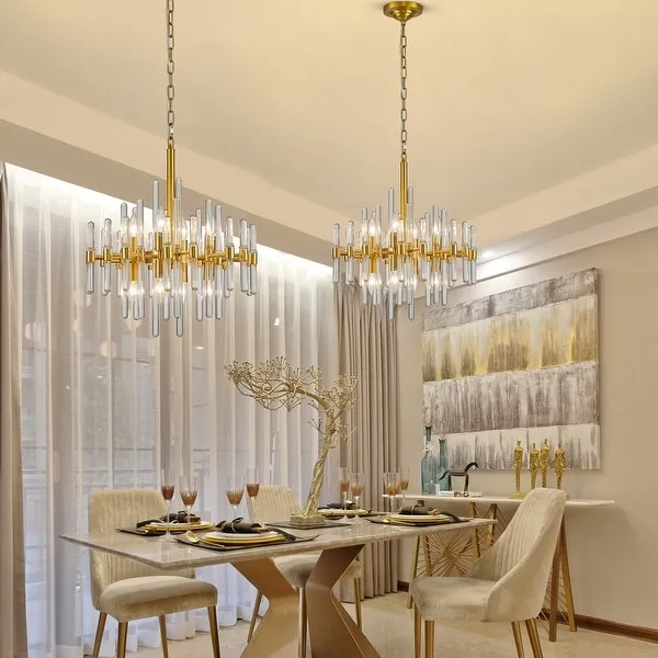 24 in. Gold Modern Crystal Chandelier 10-Light Drum Crystal Glass Chandelier Kitchen Island Pendant Lighting for Dining Room