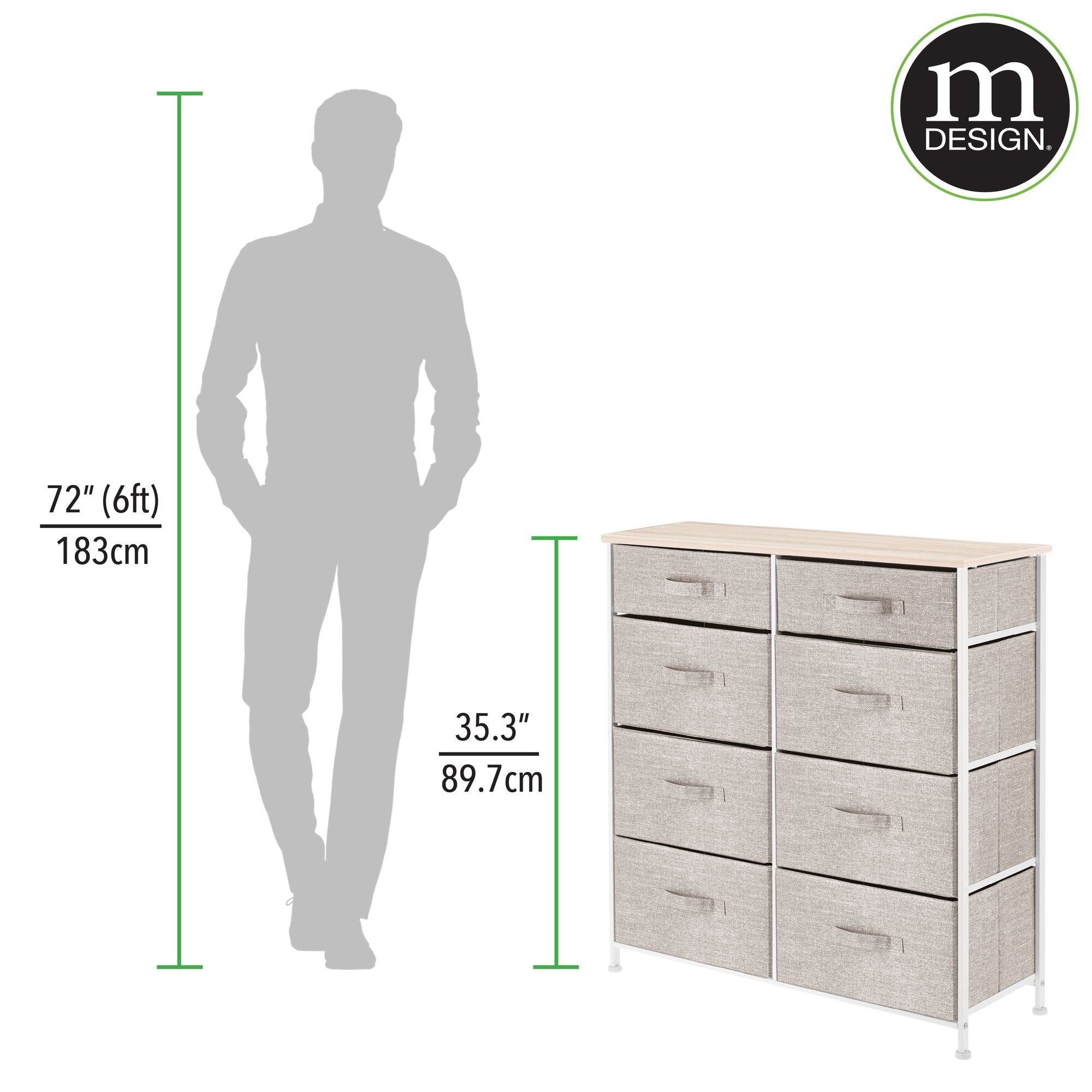 mDesign Tall Steel Frame/Wood Top Storage Dresser Furniture Unit with 8 Slim Removable Fabric Drawers, Large Bureau Organizer for Bedroom, Living Room, Closet - Lido Collection, Linen/Tan