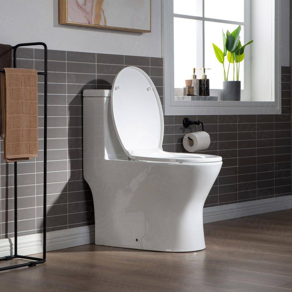 WOODBRIDGE Reo 1-Piece 1.28 GPF High Efficiency Dual Flush Round All-In One Toilet in White with Soft Closed Seat Included HB0500MB