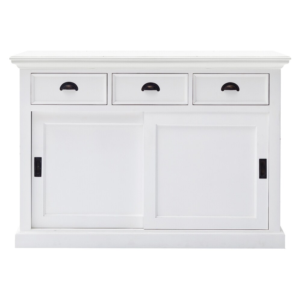 NovaSolo Halifax Coastal White Sideboard with Sliding Doors  Solid Mahogany Frame  49.21 x 19.69 x 33.46