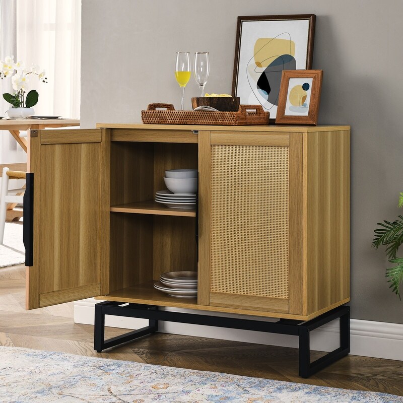 Natural Rattan Sideboard Cabinet with 1 Adjustable Inner Shelves and 2 Doors