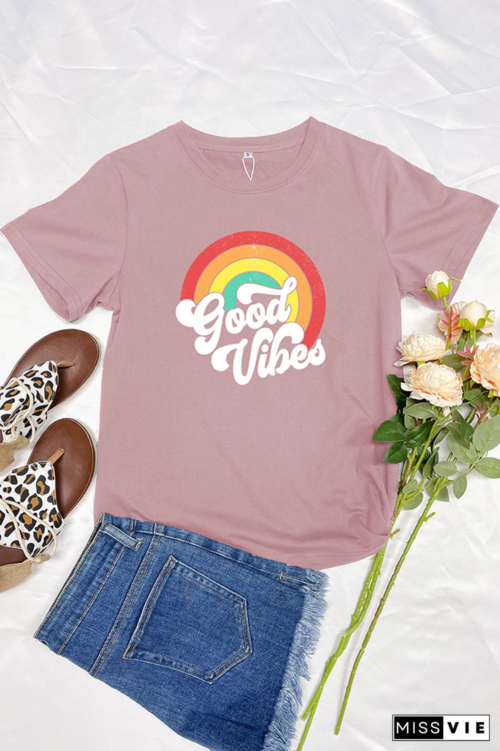 Good Vibes Vintage Rainbow Short Sleeve Graphic Tee Wholesale