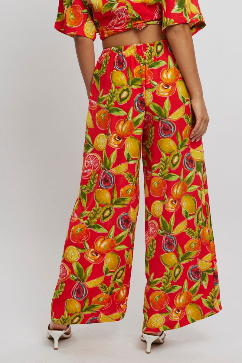Red Abstract Wide Leg Pants High Rise
