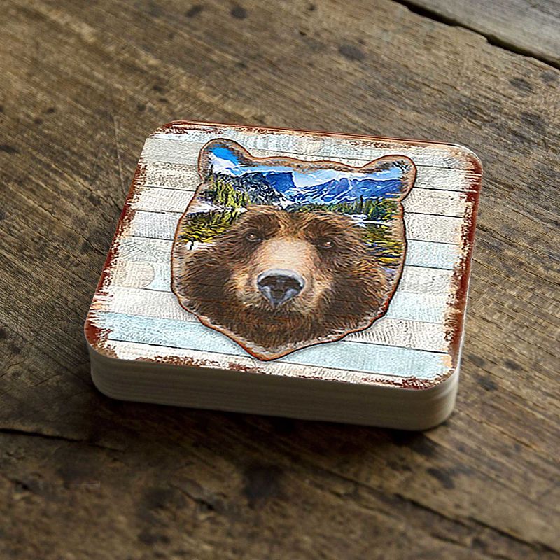 Bear Face Wooden Cork Coasters Gift Set of 4 by Nature Wonders