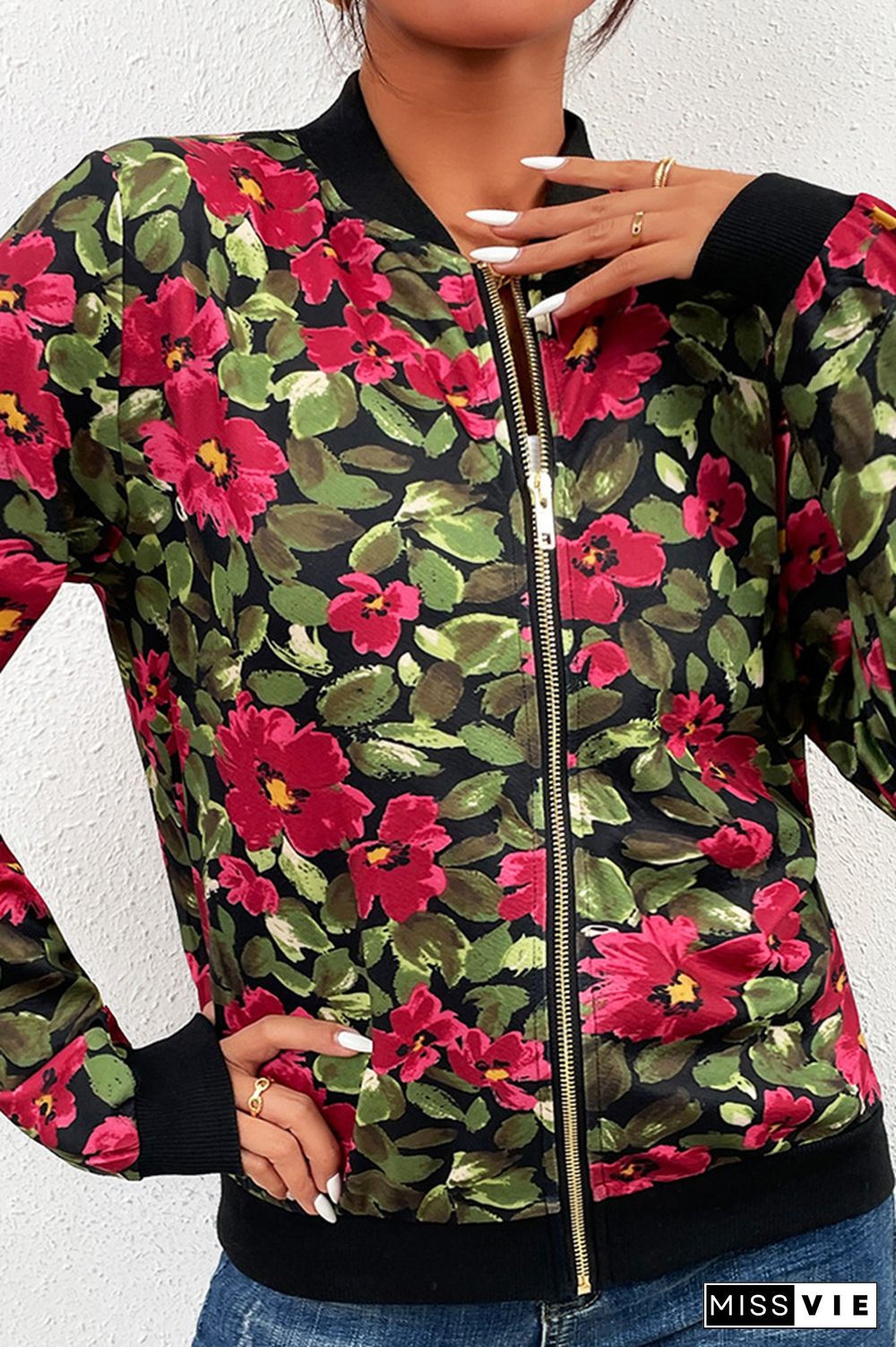 Front Open Zipper Floral Baseball Jacket Coat