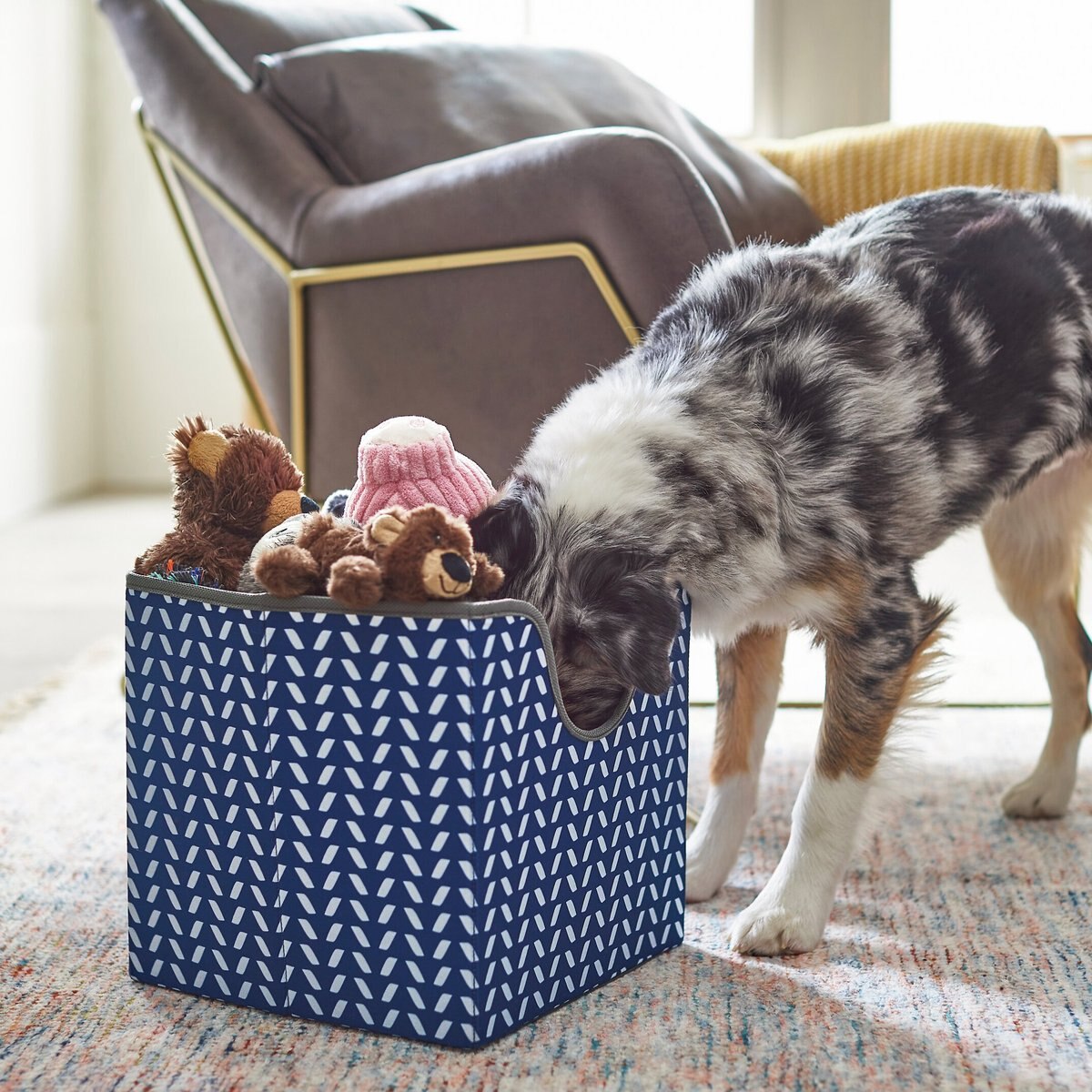 Frisco Square Collapsible Pet Toy Storage Bin， Navy Herringbone