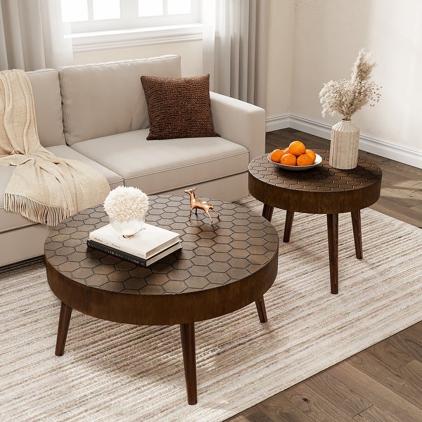 COSIEST Rustic Brown Solid Wood Round Coffee Table for Living Room， Set of 2