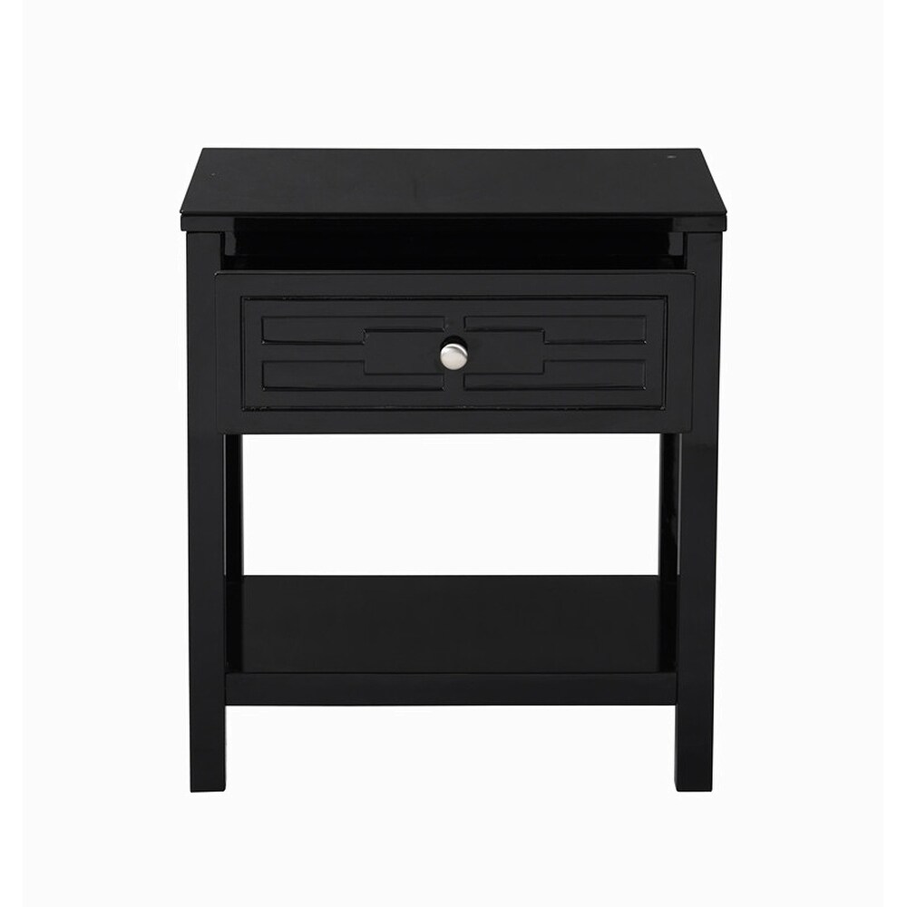 Wooden End Side Table Nightstand with Glass Top and Drawer