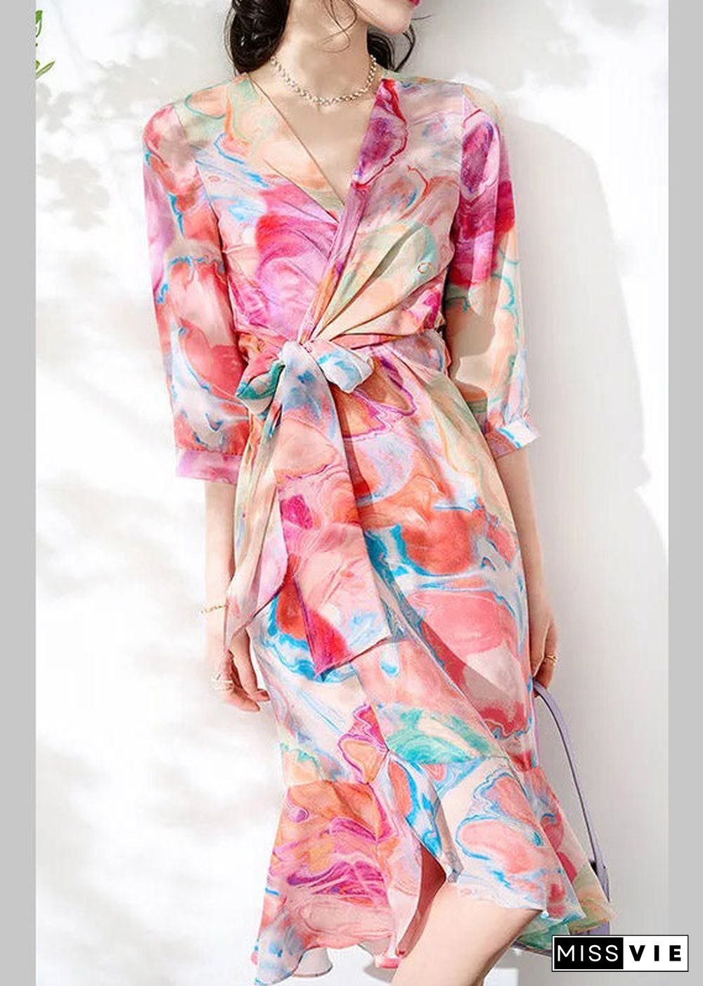 Slim Fit V Neck Print Tie Waist Silk Maxi Dresses Long Sleeve