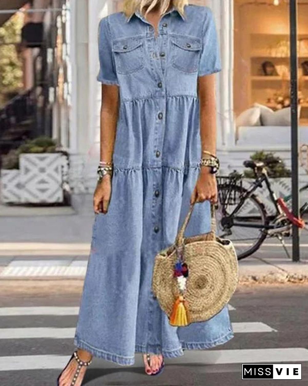 Blue Plain Denim Short Sleeve Shirt Collar Dresses