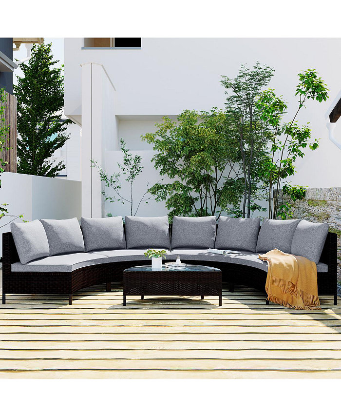 Simplie Fun 5 Pieces All-Weather Brown PE Rattan Wicker Sofa Set Outdoor Patio Sectional Furniture Set Half-Moon Sofa Set with Tempered Glass Table Gray