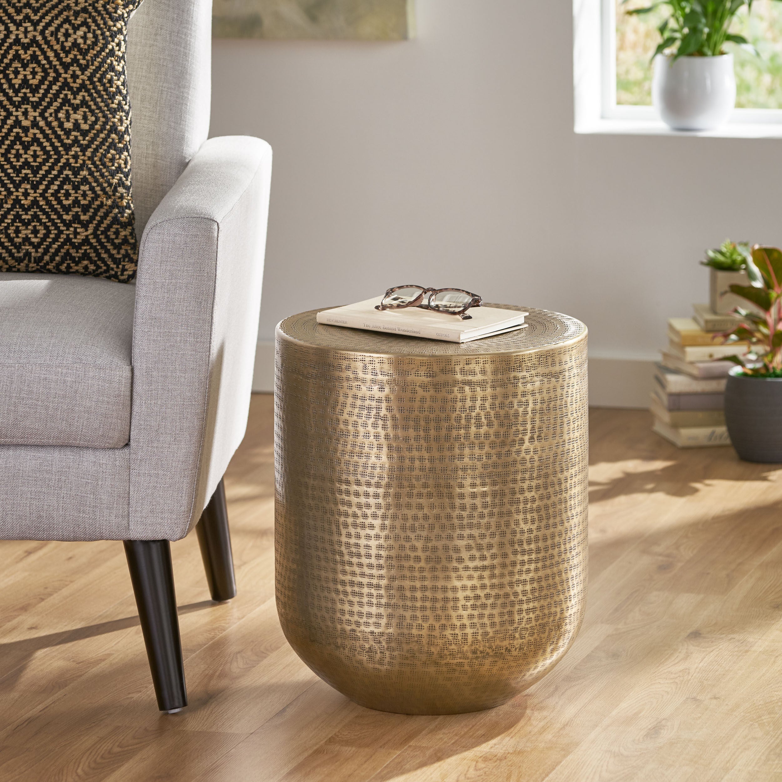 Weichman Handcrafted Boho Aluminum Drum Side Table, Aged Brass