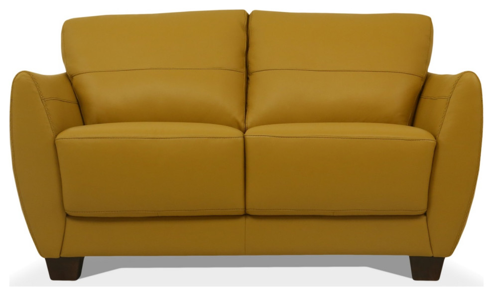 Leather Upholstered Loveseat With Tapered Block Feet And Flared Arms Yellow   Contemporary   Loveseats   by VirVentures  Houzz