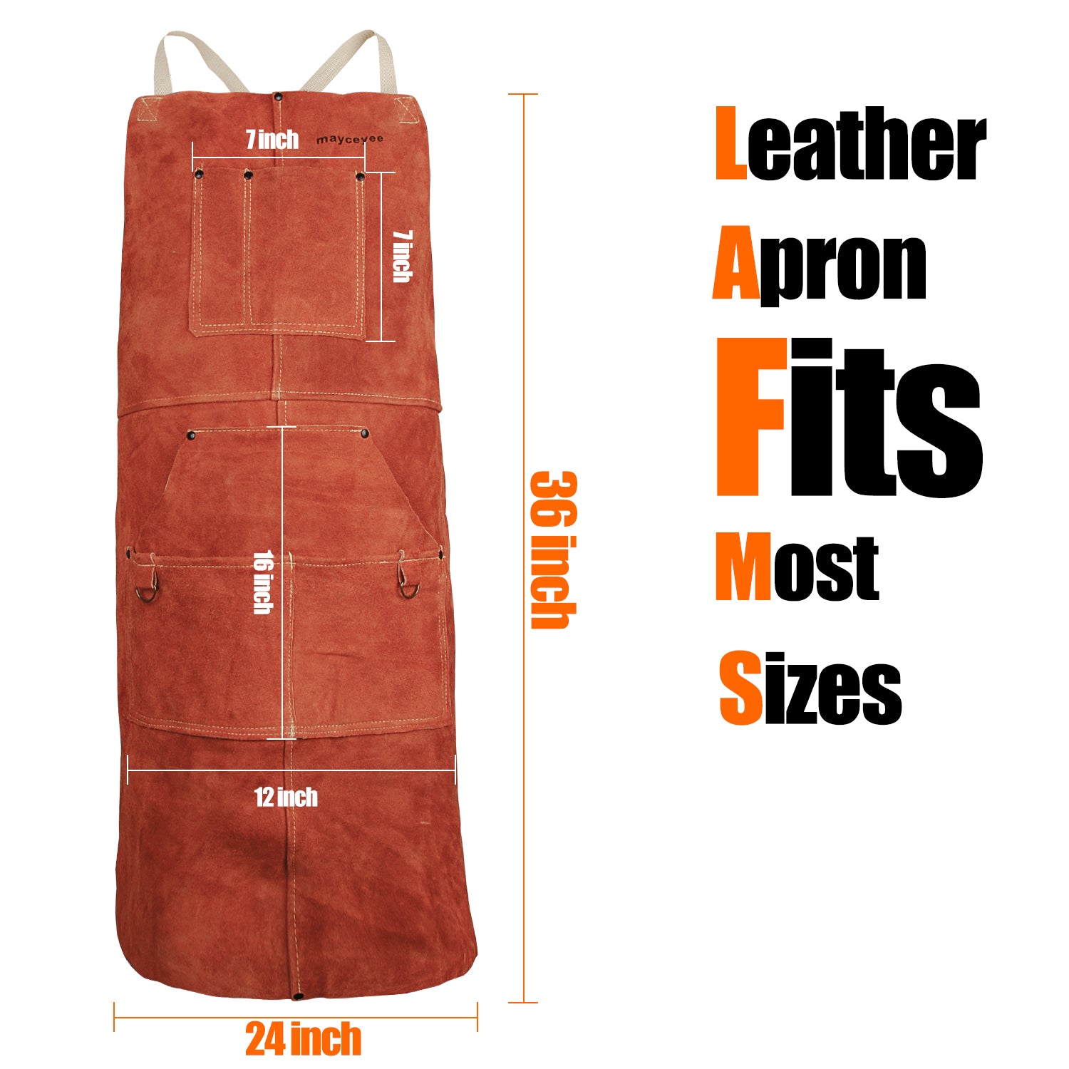 mayceyee Leather Welding Work Apron With 6 Tool Packets- Heat Resistant & Flame Resistant Apron,36"×24",Adjustable M to XXXL