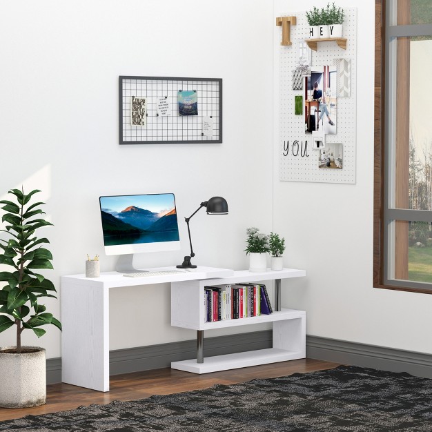 Homcom 360 Rotating Corner Computer Desk Modern L shaped Home Office Workstation With 2 Storage Shelves Bookshelf White