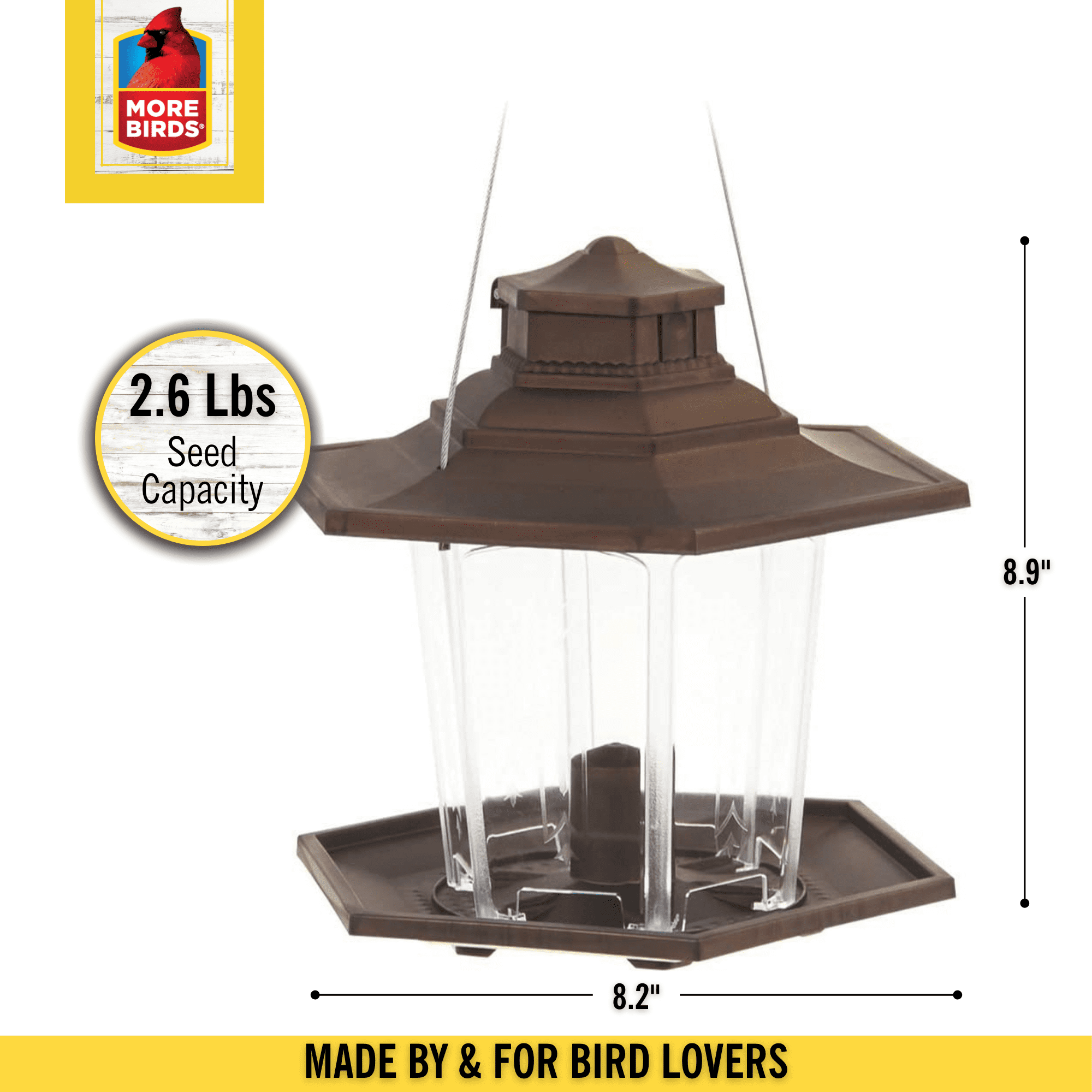 More Birds Bird Feeder， 6 Feeding Ports， 2.7 lb Bird Seed Capacity， Gazebo Wild Bird Feeder， Brown