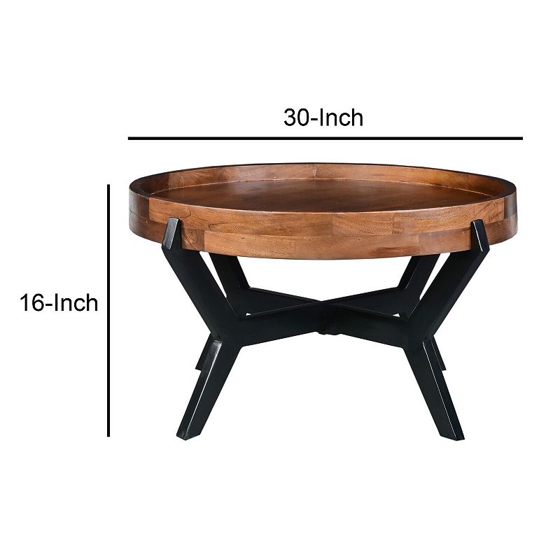 30 Inch Industrial Round Acacia Wood Tray Coffee Table with Flared Metal Legs， Brown and Black