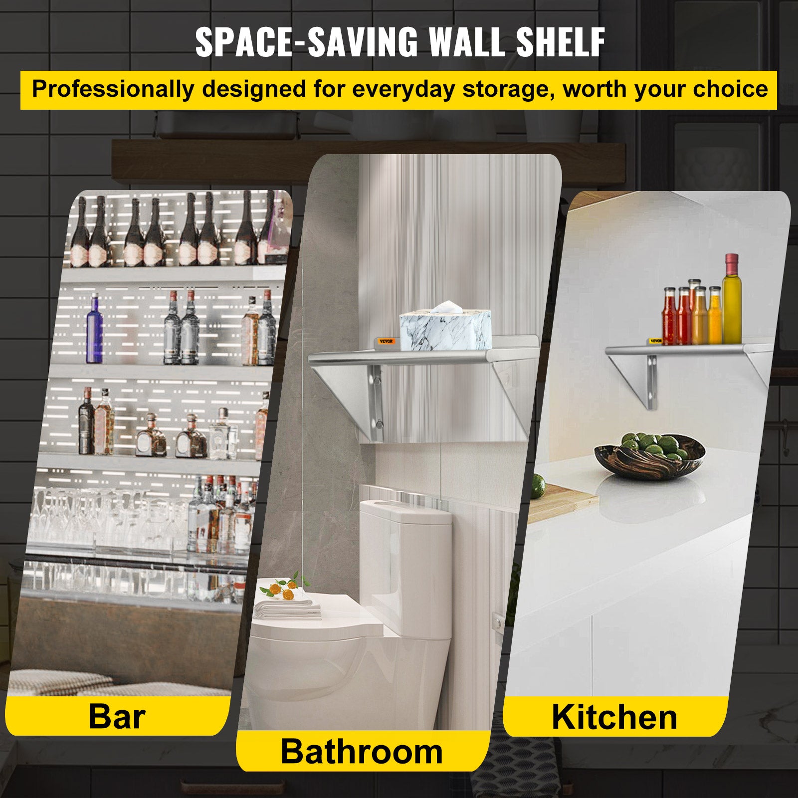 VEVOR Stainless Steel Wall Shelf, 12'' x 24'', 110 lbs Load Heavy Duty Commercial Wall Mount Shelving w/ Backsplash and 2 Brackets for Restaurant, Home, Kitchen, Hotel, Laundry Room, Bar