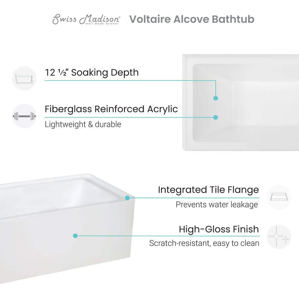 Swiss Madison 48 in x 32 in Right Drain Rectangular Alcove Bathtub in White